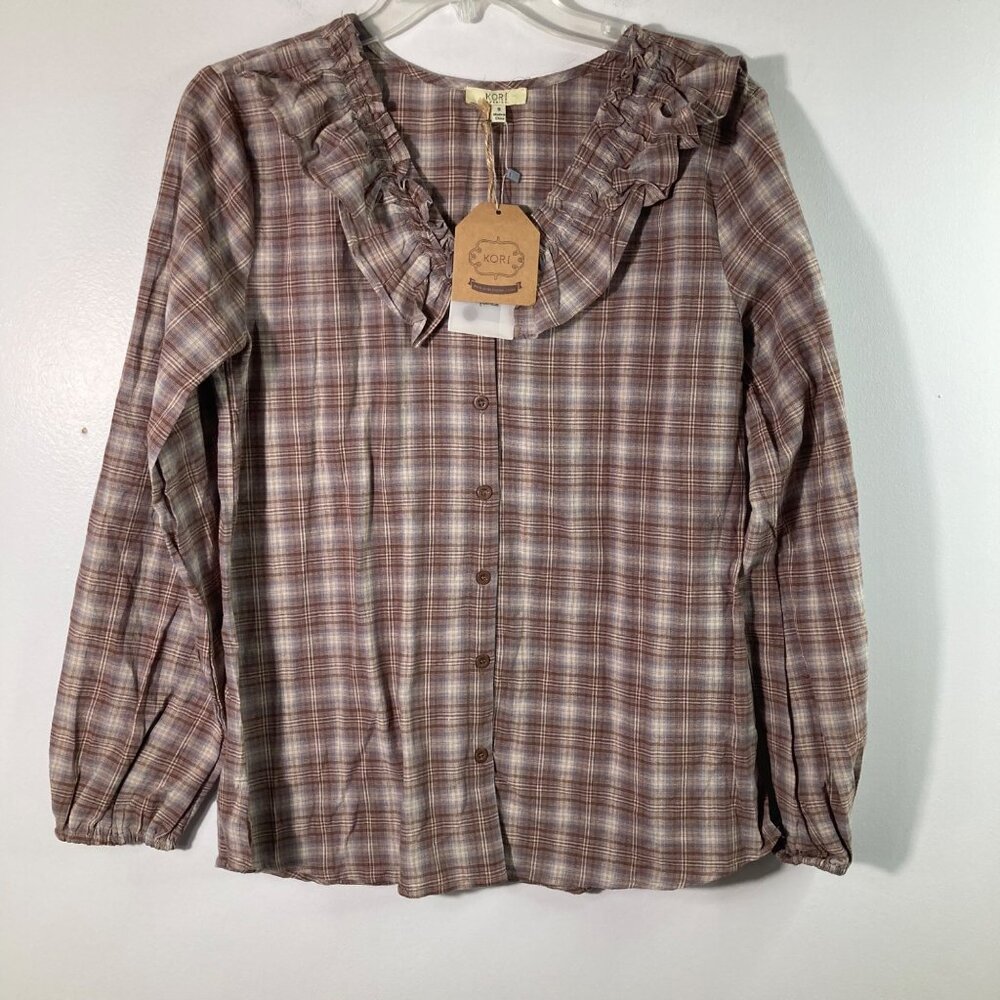 Womens Kori V Ruffle Neck Emery Plaid Western Button Shirt S NWT Brown Cream Cot